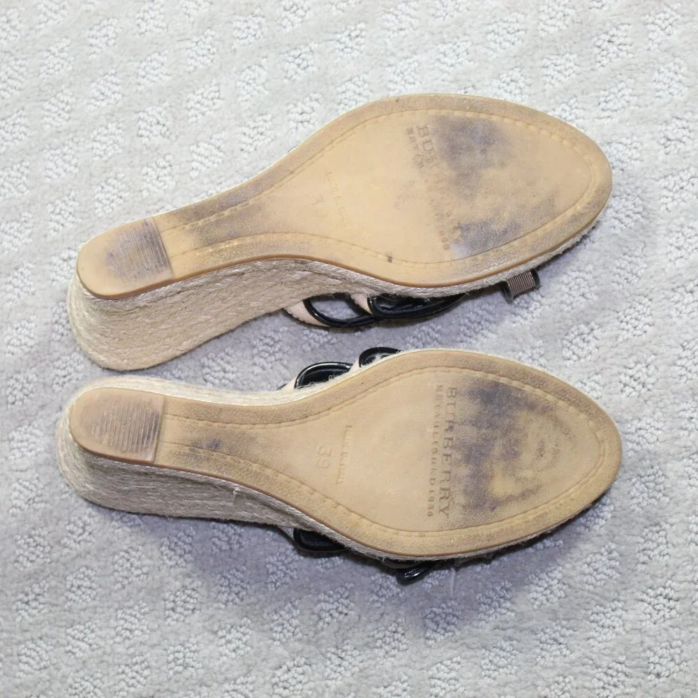 Burberry Beige Nova Check Canvas Espadrille Wedge Thong Sandals EU 39 US 8.5
